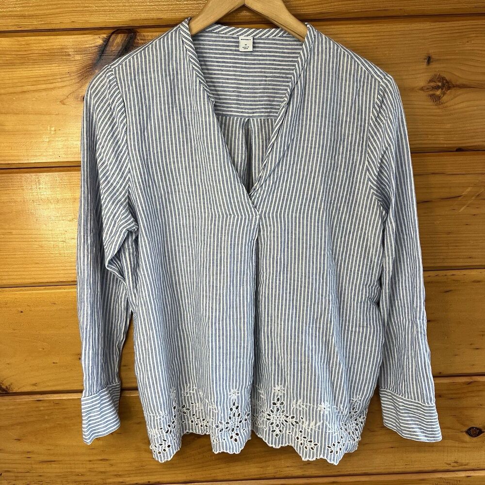 Old Navy Womens Top Sz M Blue White Stripe Embroidered Eyelet Long Sleeve